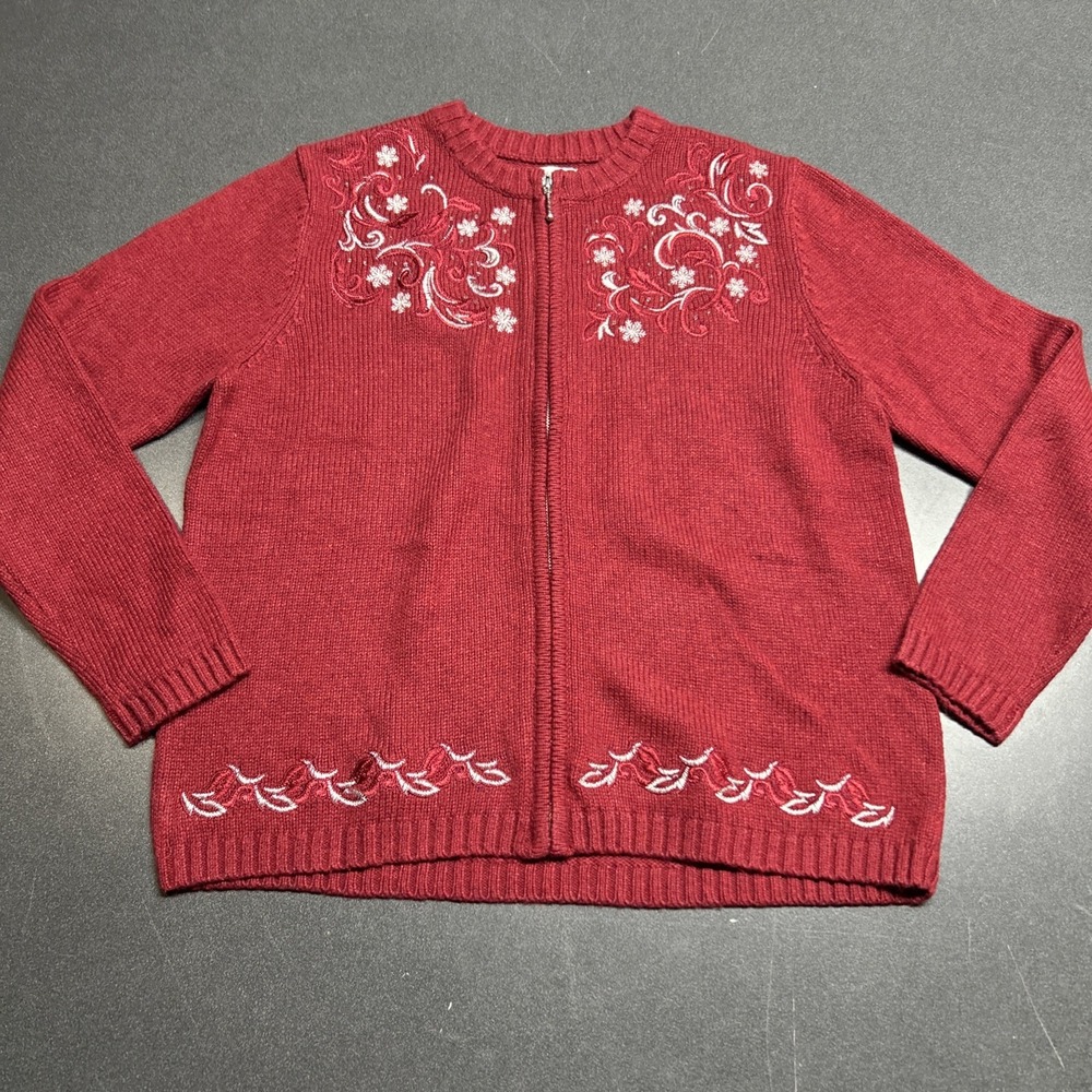 Croft & Barrow Womens Christmas Cardigan Sweater M Round Neck Full Zip Floral